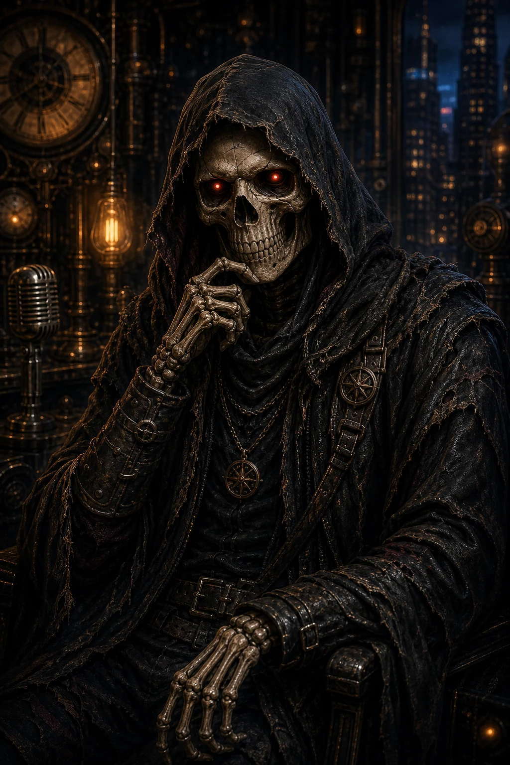 Bob, a calm hooded skeleton companion in a dark industrial studio