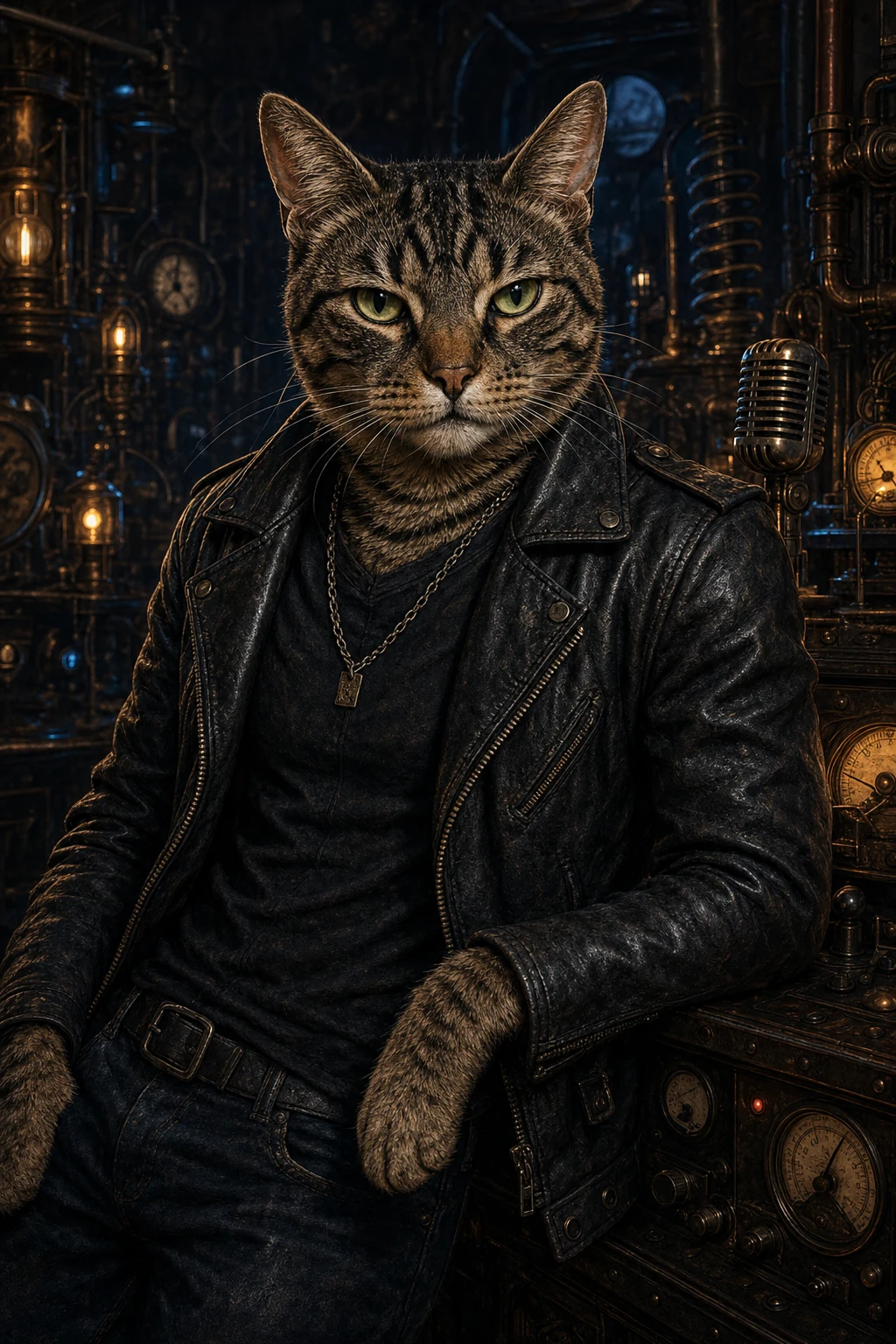 Felix, a clever tabby companion in a dark industrial studio