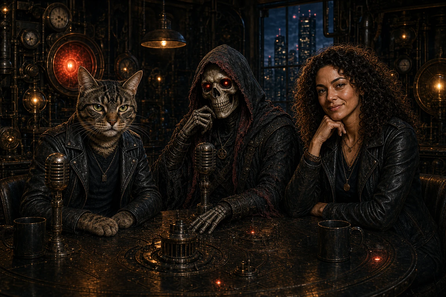 Felix, Bob, and Mae gathered in a dark industrial radio studio