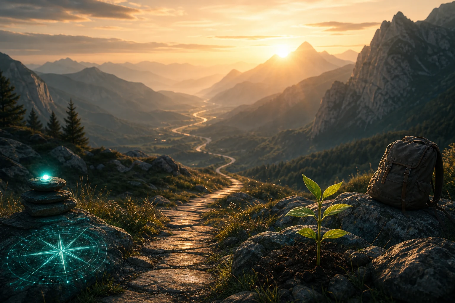 Mountain path at sunrise with a young plant, backpack, and compass glow