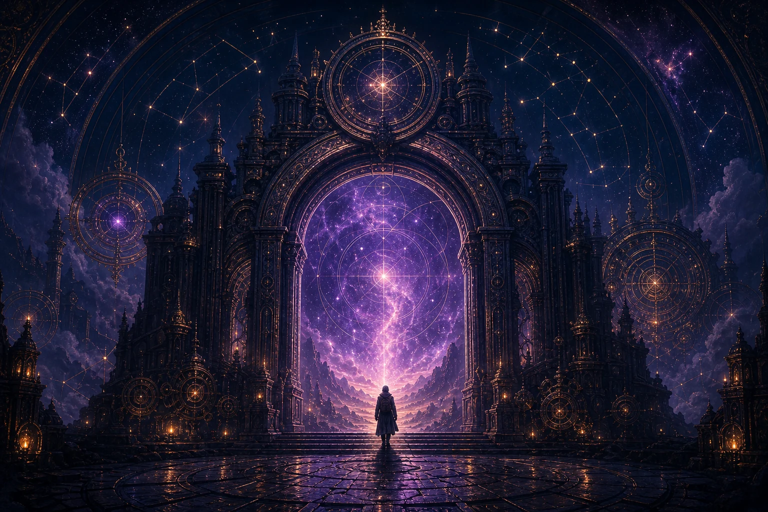 A luminous violet portal opening into a star-filled story world